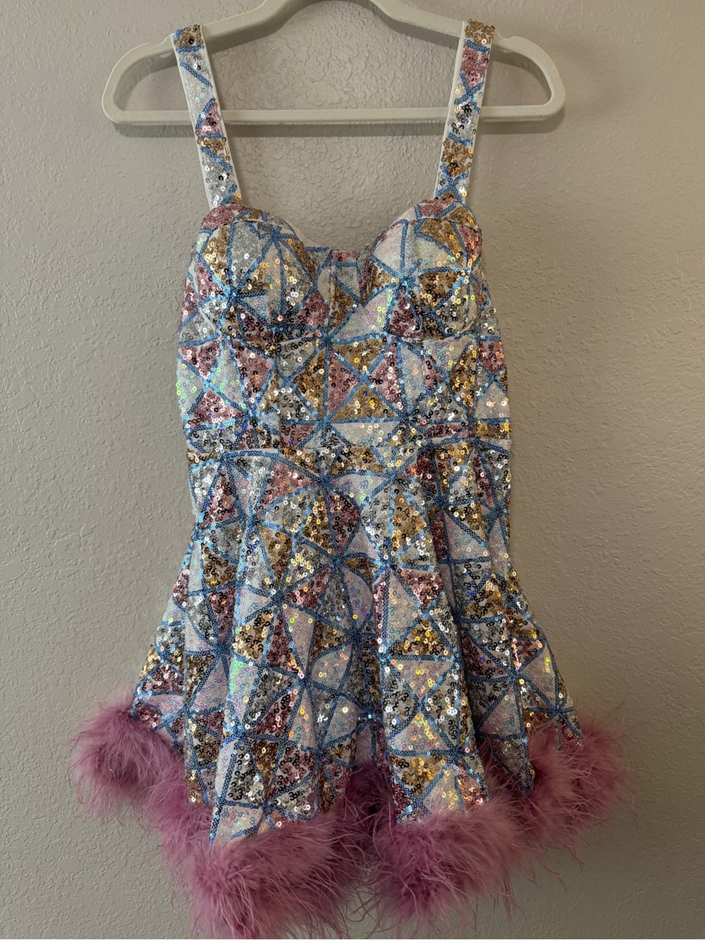 BuddyLove Sequin Multicolor with Pink Feather Trim